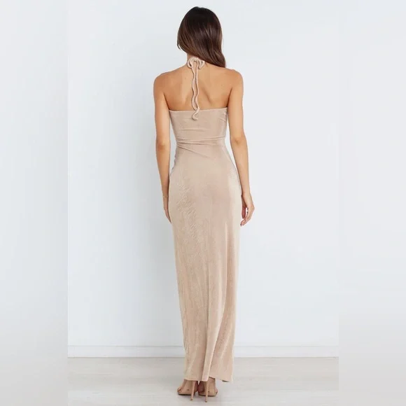 Petal & Pup Sandy Gold Metallic Scarlette Halter Cutout Maxi Dress Size 12 - Picture 2 of 9